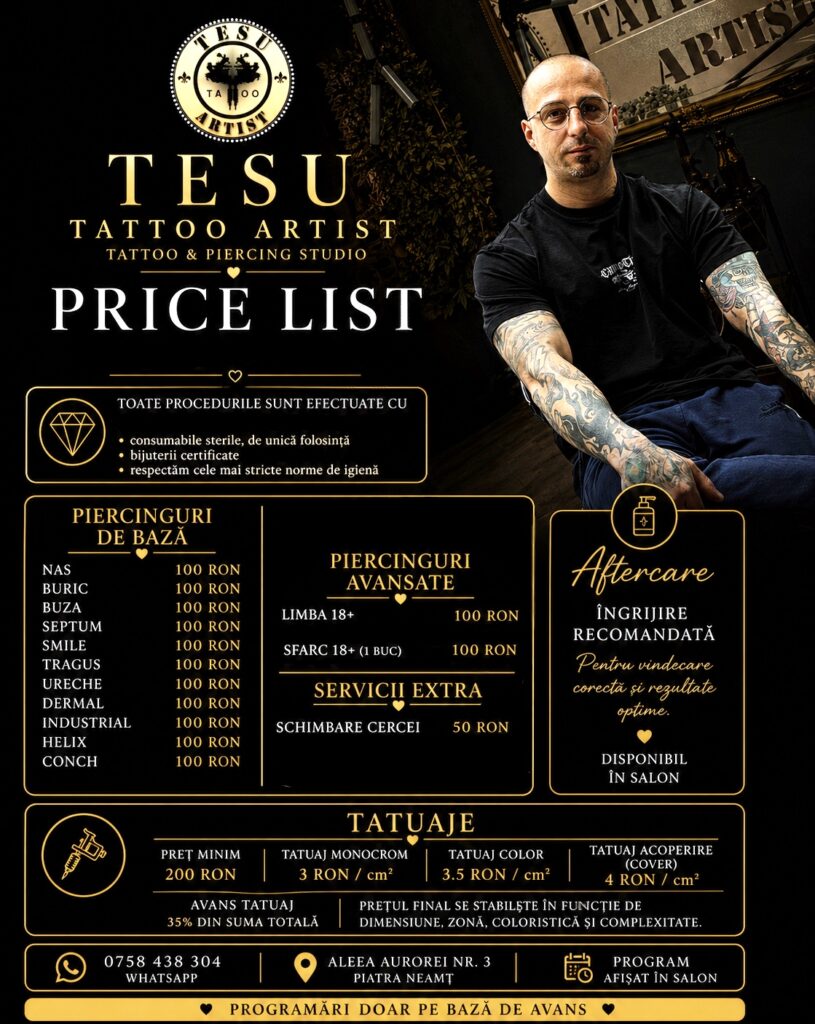 preturi si servicii oferite la tesu tattoo artist piatra neamt